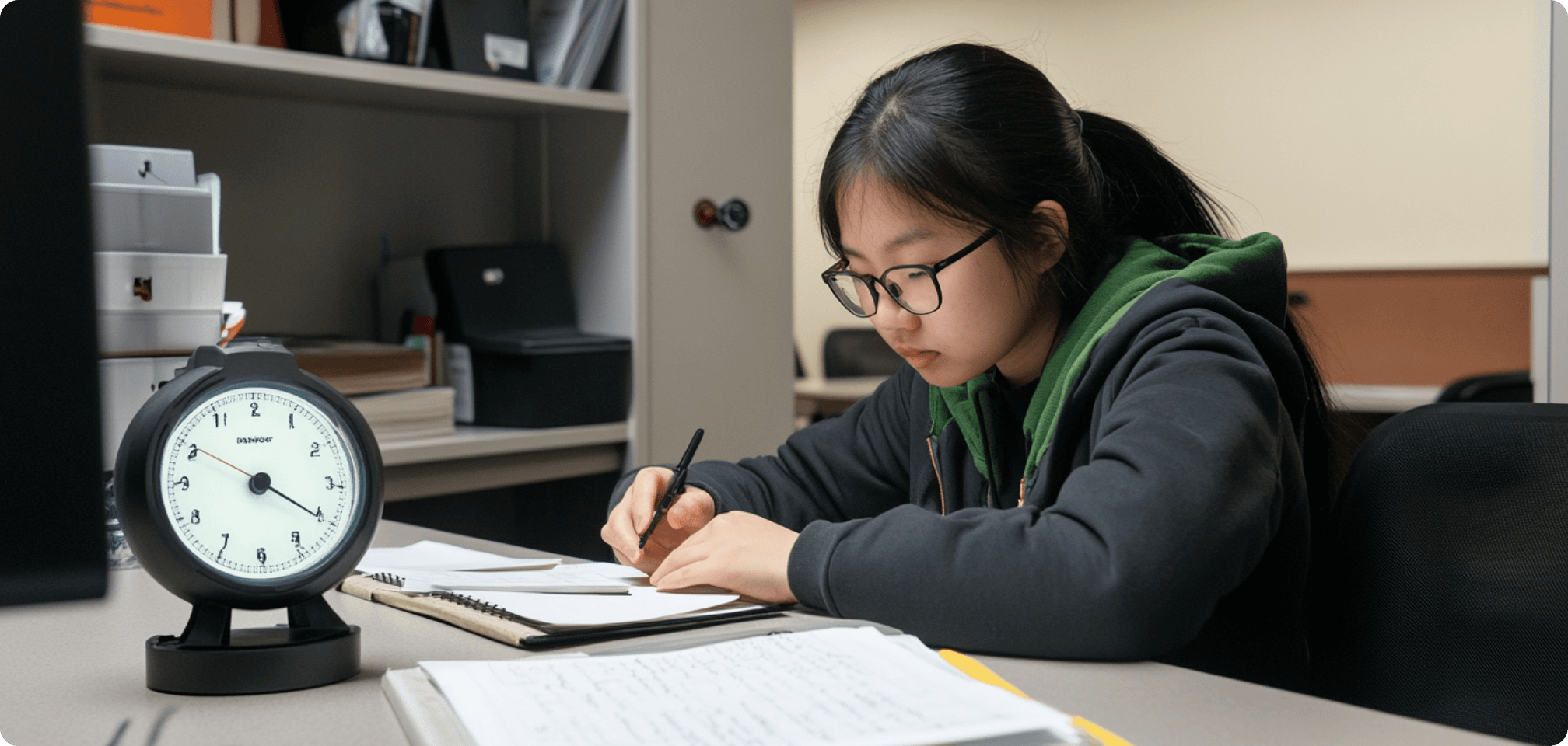 a student studying with a timer going