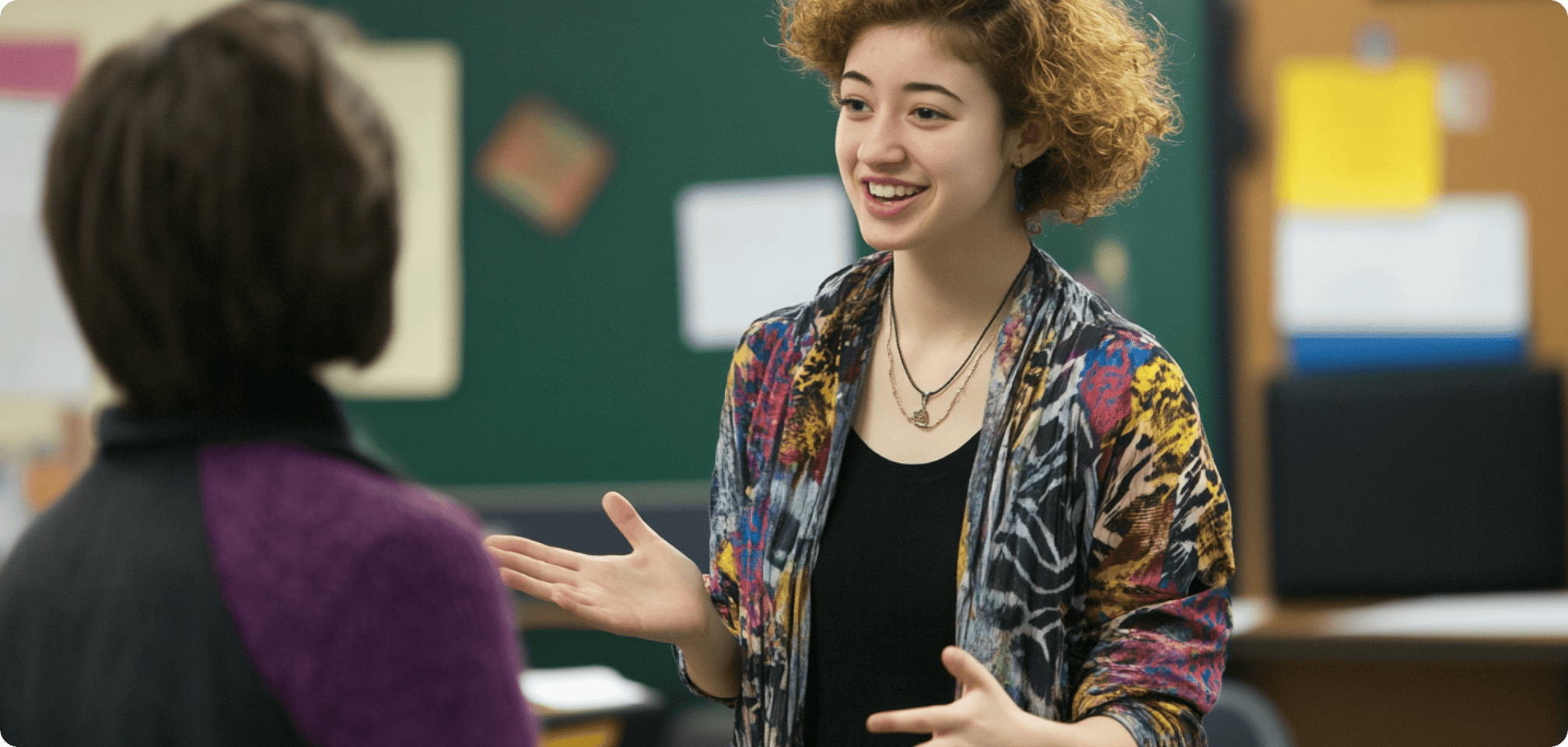 a student speaking with a teacher after class
