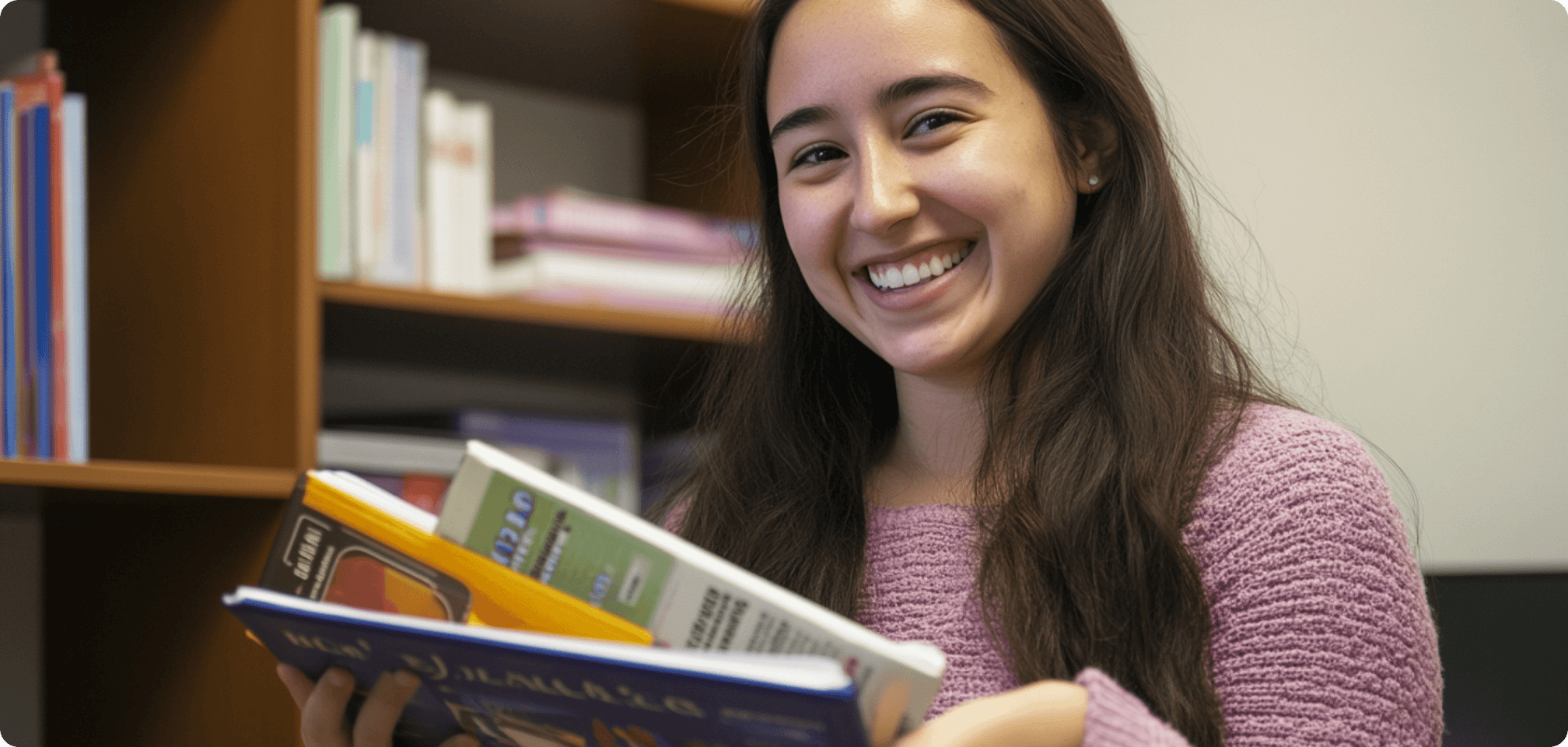 a student smiling with textbooks