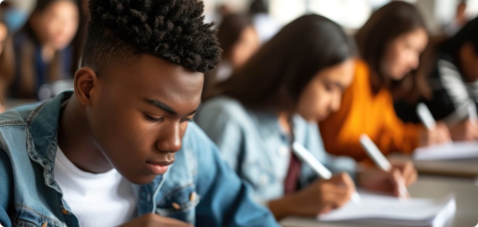 image of a diverse group of students all working at a desk together