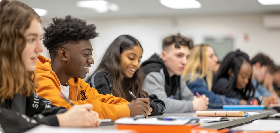 image of a diverse group of students all working at a desk together