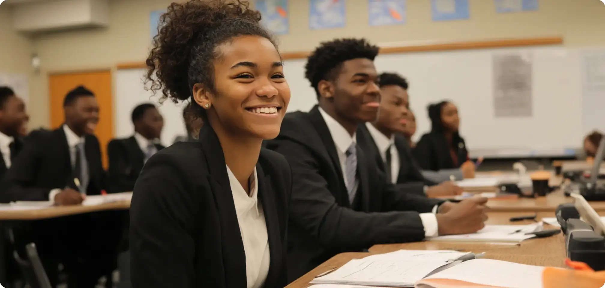 students dressed in business attire in class