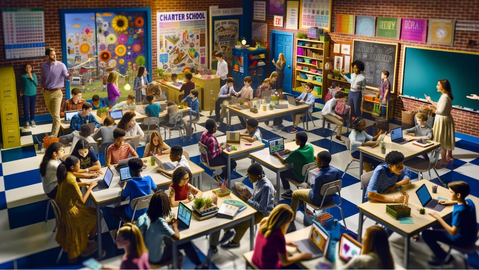 A bright and vibrant busy classroom with the teacher walking around and instructing the class