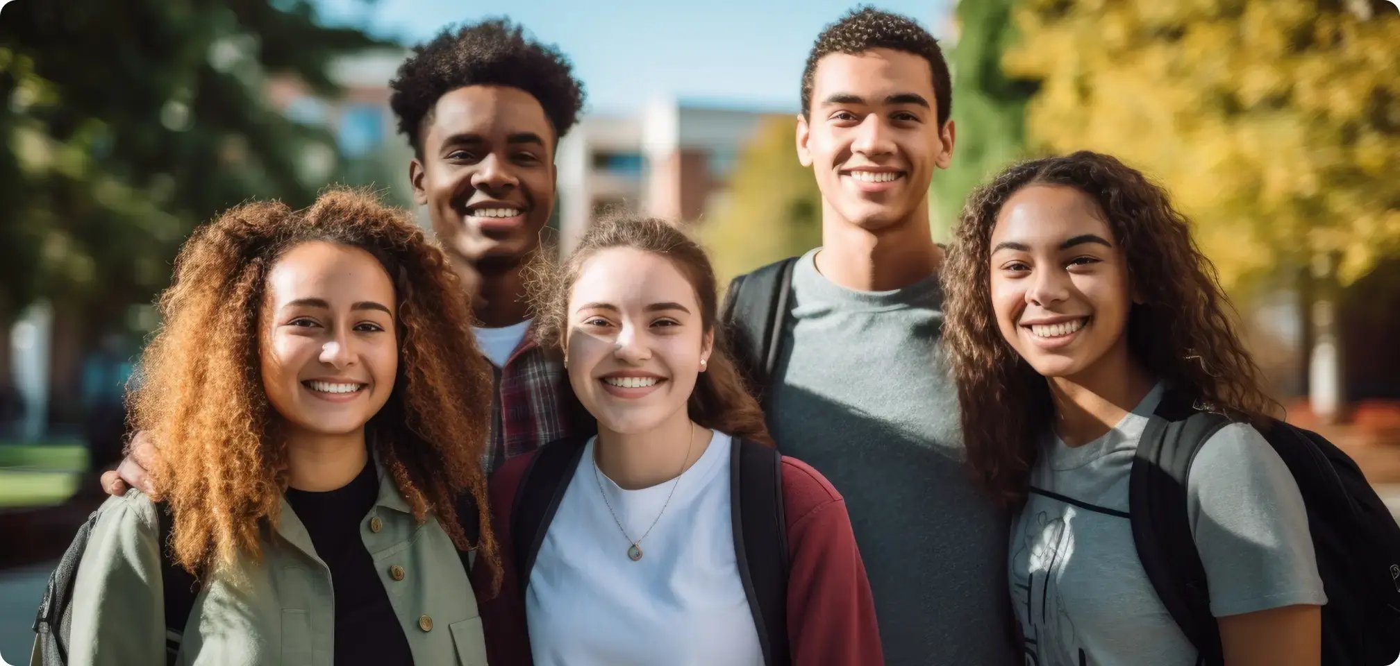 a group of students smiling together with backpacks on at school