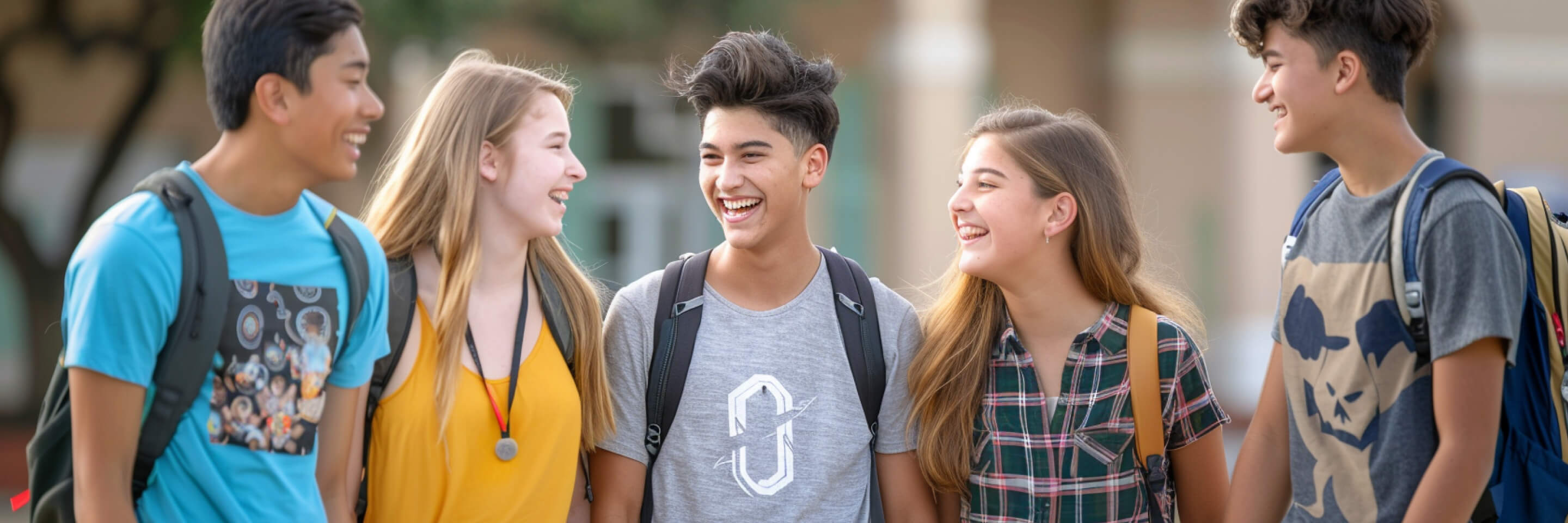 a group of diverse students smiling and happily on school campus