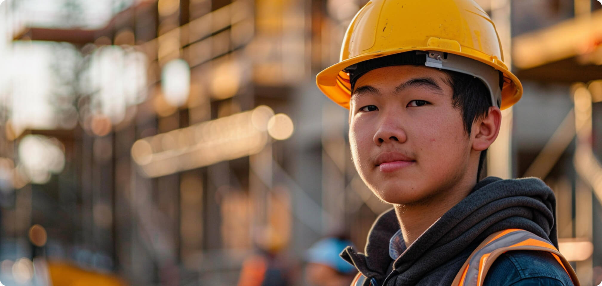 Student in a hard hat at a construction site looking