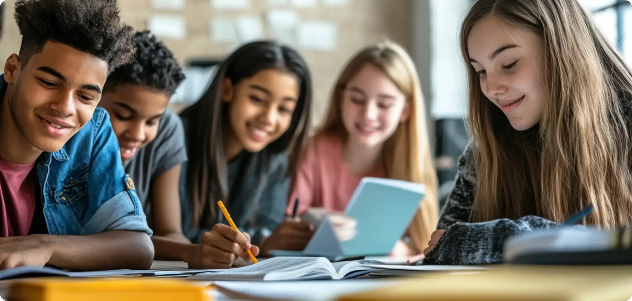 a diverse group of students all working at a desk together