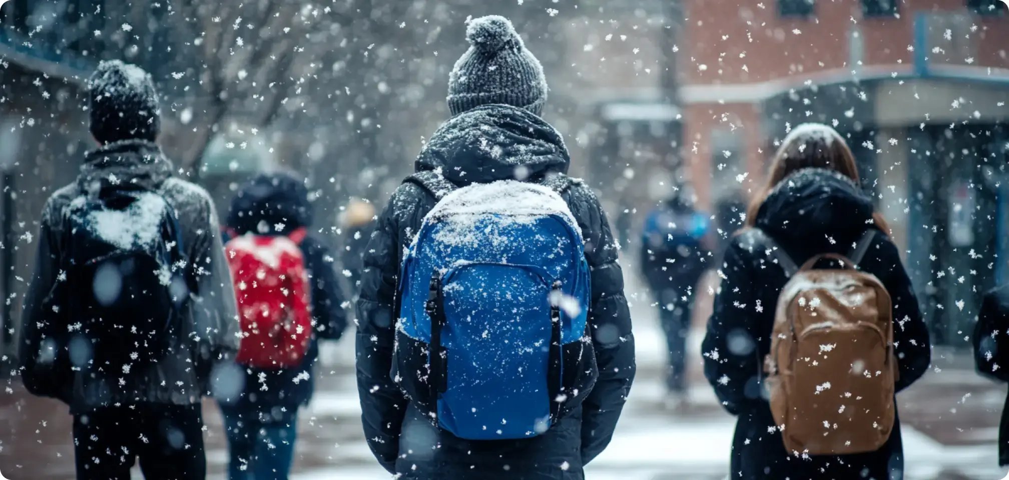 A diverse group of students walking to school while it’s snowing