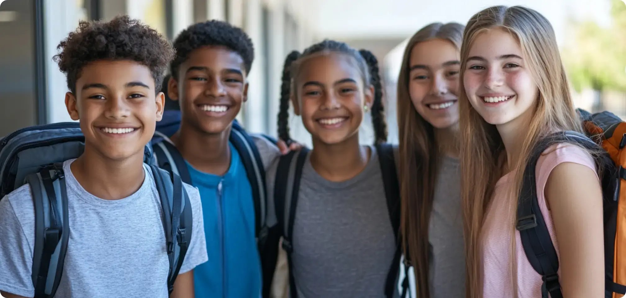 a group of students smiling together with backpacks on at school