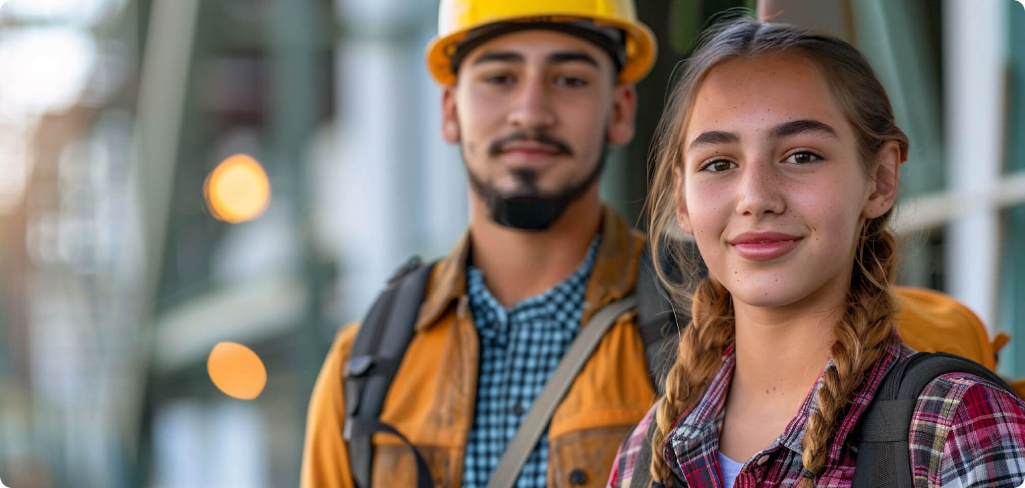 two students side by side, one of them in school and the other working in a job