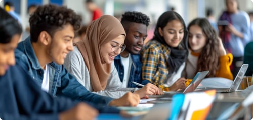 A diverse group of students all working at a desk together