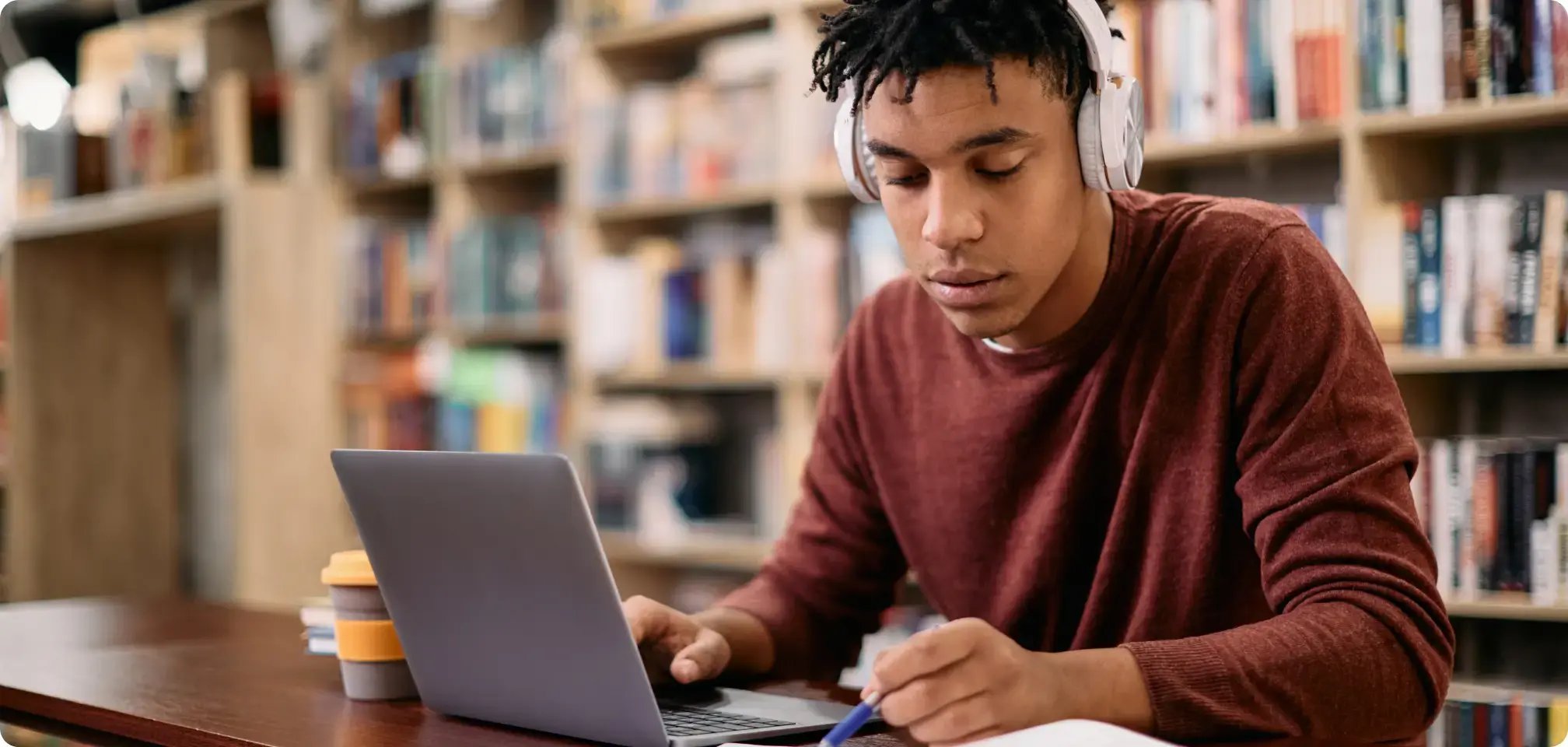 a student studying in a library