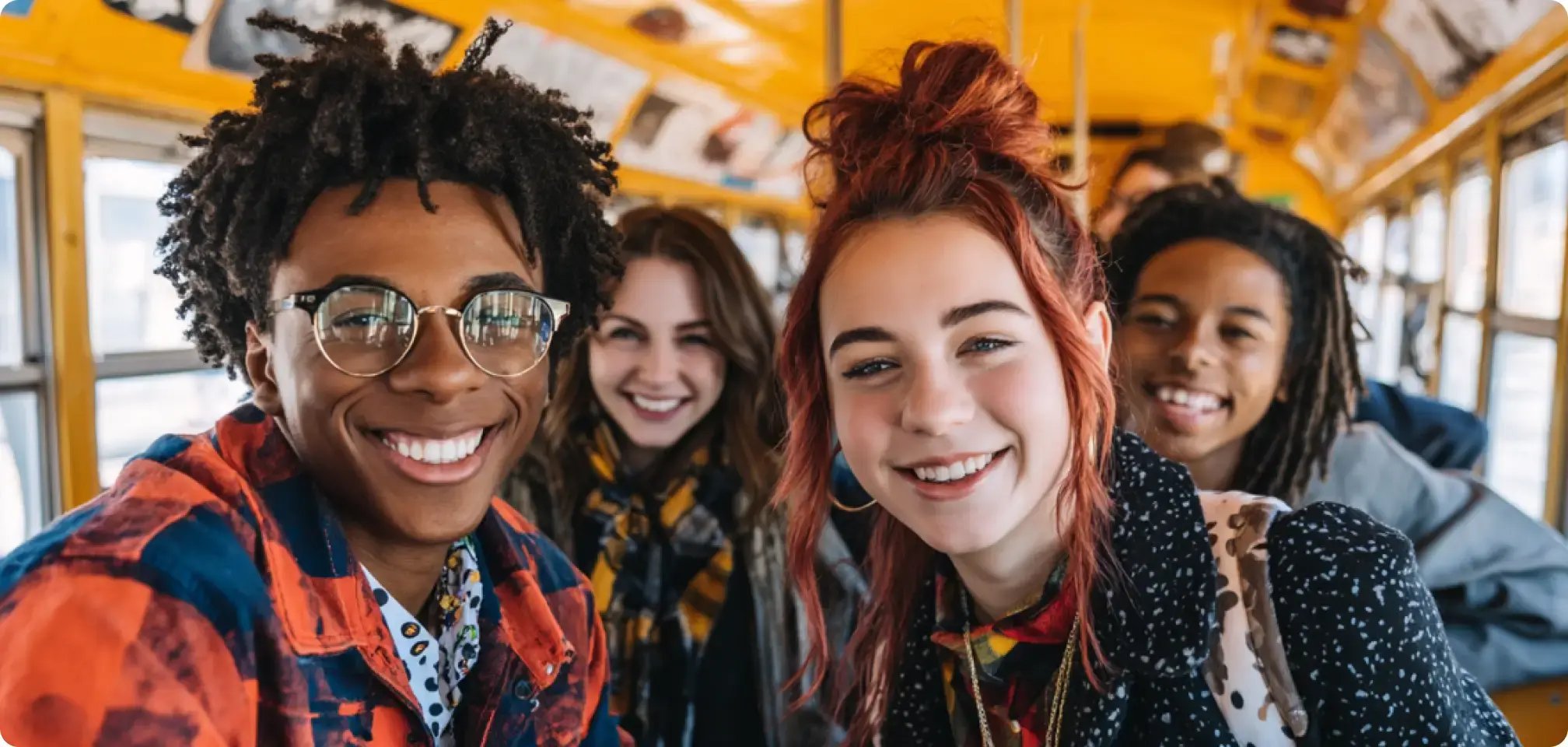 students smiling on a bus
